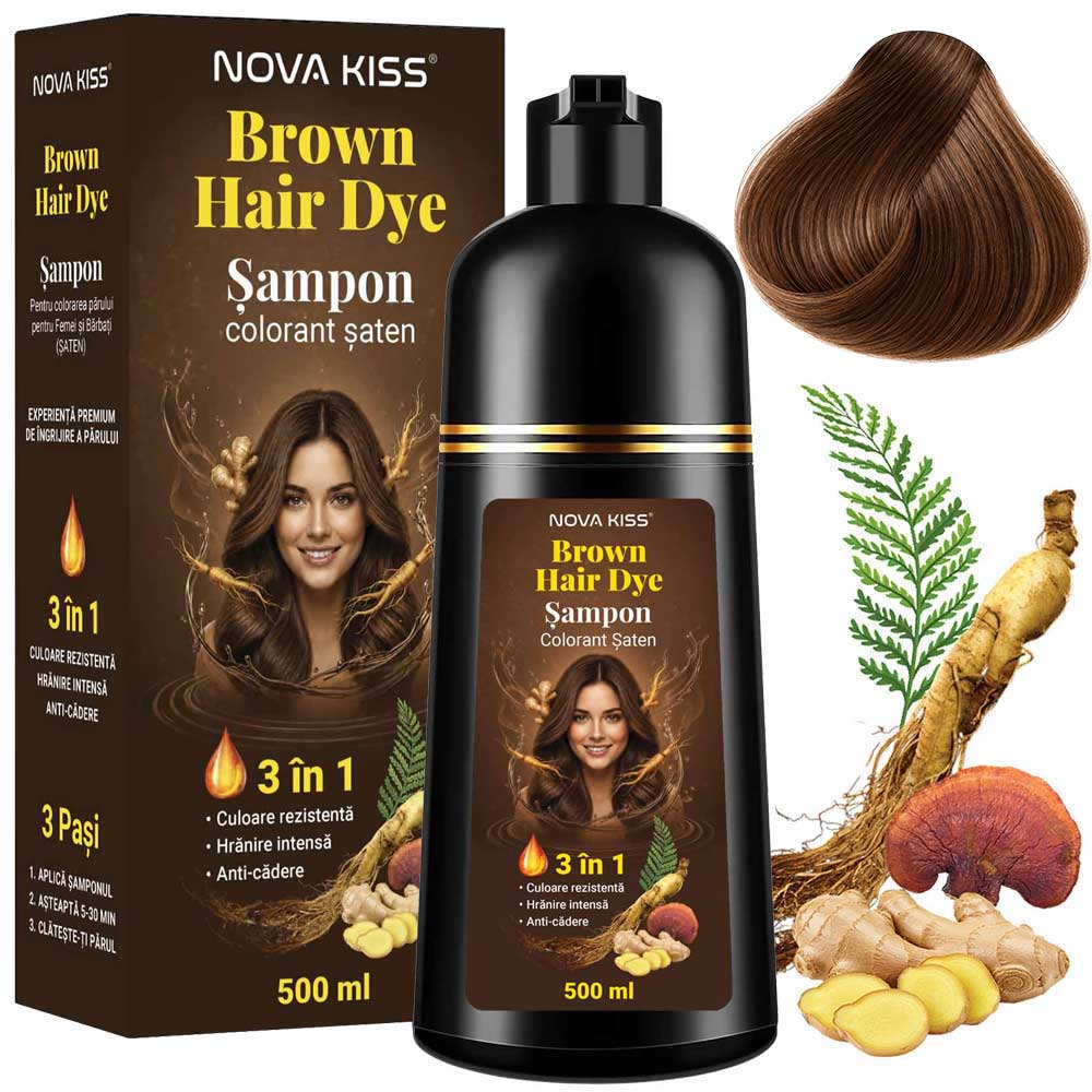 Sampon Colorant Saten NOVA KISS  pentru Vopsirea Parului, 3 in 1, Acoperire Fire Albe, Brown, 500 ml