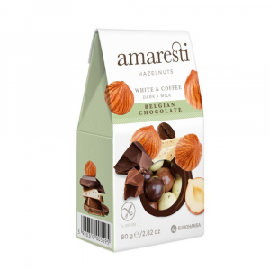Ciocolata - AMARESTI Alune de padure in ciocolata neagra, lapte alba & cafea - 80 g