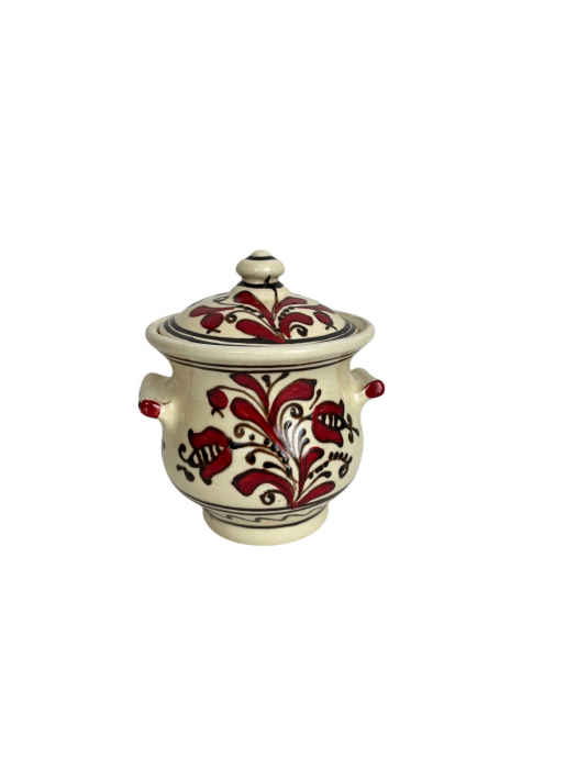 Vas din ceramică de Corund, pictat manual cu flori roșii vii, cu capac [1]
