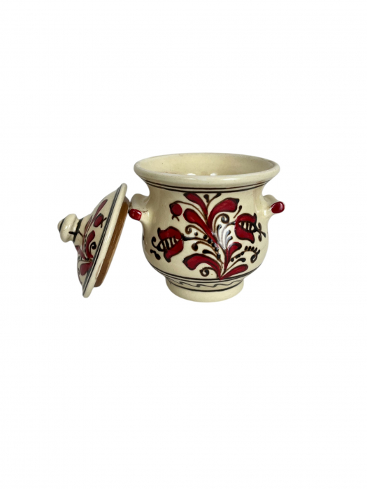 Vas din ceramică de Corund, pictat manual cu flori roșii vii, cu capac [2]