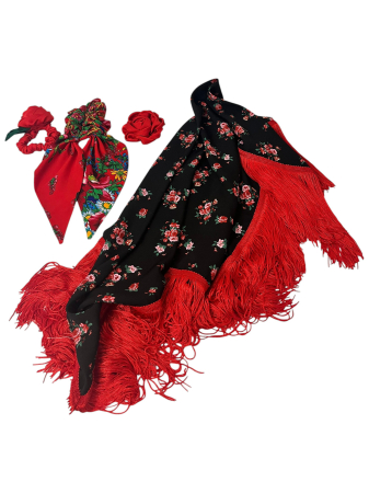 Martisor - Set Etno Romani pentru Păr și Accesorii – Basma cu Franjuri, Elastic de Păr, Fundă și Broșă Handmade