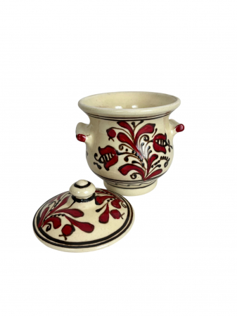 Vas din ceramică de Corund, pictat manual cu flori roșii vii, cu capac [2]