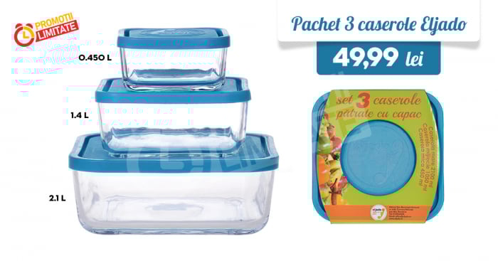 Set 3 caserole patrate Eljado, sticla ( 2.1 L+ 1.04 L+ 450 ml) [2]