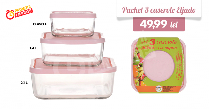 Set 3 caserole patrate Eljado, sticla ( 2.1 L+ 1.04 L+ 450 ml) [3]