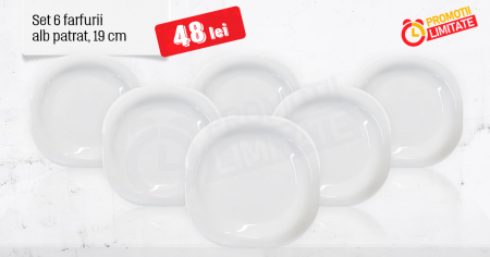 PROMOTII - Set 6 farfurii intinse din opal, Alb Patrat, 19 cm