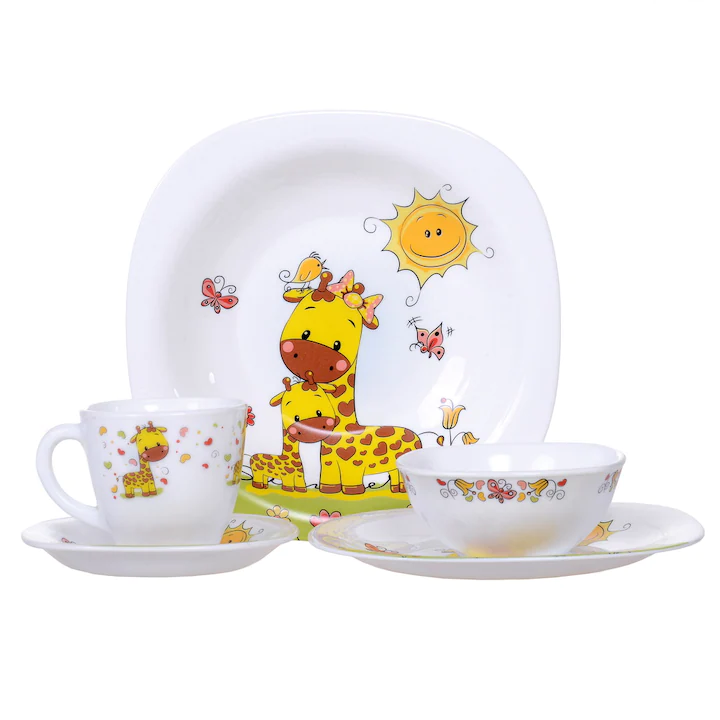 Seturi pentru copii 5 piese - Serviciu de masa pentru copii, din opal, model Girafa, 5 piese