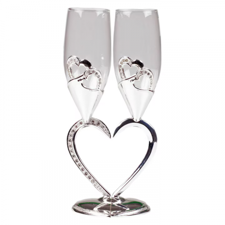 PRODUSE SPECIALE - Set 2 pahare sampanie pentru miri cu picior in forma de inima