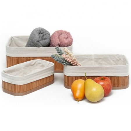 BUCATARIE - Set 3 cutii depozitare/organizatoare, din bambus si material textil