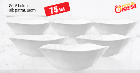 PROMOTII - Set 6 Boluri supa, din opal, Alb Patrat, 16 cm