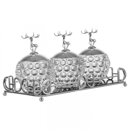 Suport condimente trei boluri din sticla cu capac model cerb si tava [3]