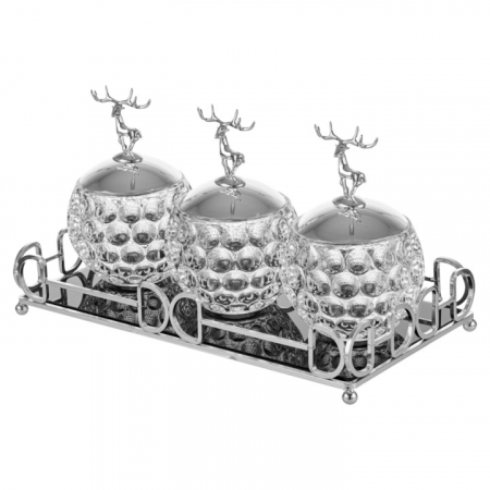 Suport condimente trei boluri din sticla cu capac model cerb si tava [2]
