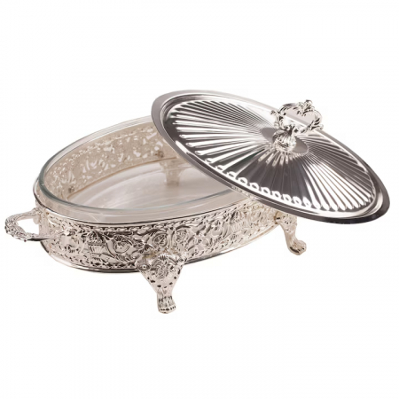 PRODUSE SPECIALE - Vas sticla cu suport argintat pentru friptura 45 x 24.5 x 20 cm