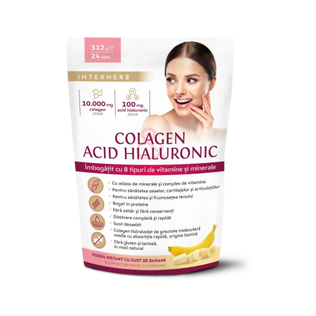 Vitamine si minerale - Colagen si Acid Hialuronic Pulbere cu aroma de Banane 312g Interherb