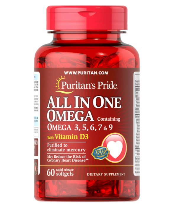 Puritan s Pride All in One Omega 3, 5, 6, 7 9 with Vitamin D3, 60 softgels