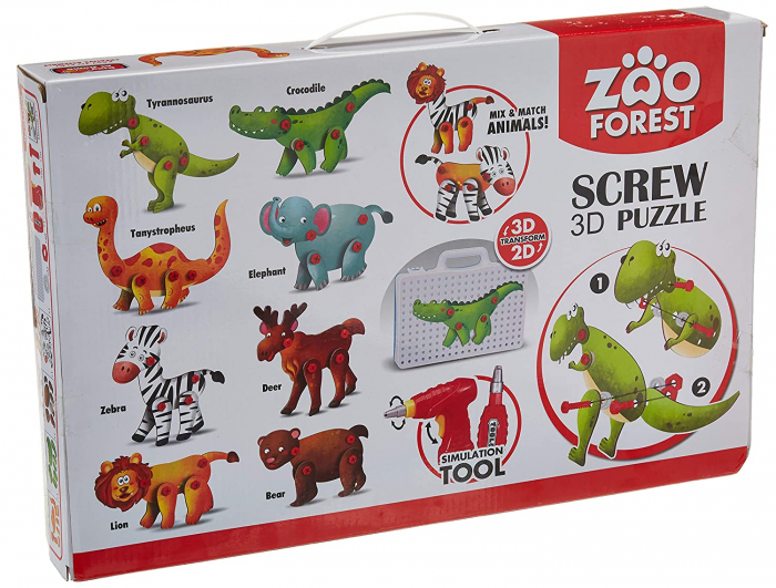 Jucarie educativa puzzle creativ Animale DYI cu valiza si surubelnita 120 piese [2]