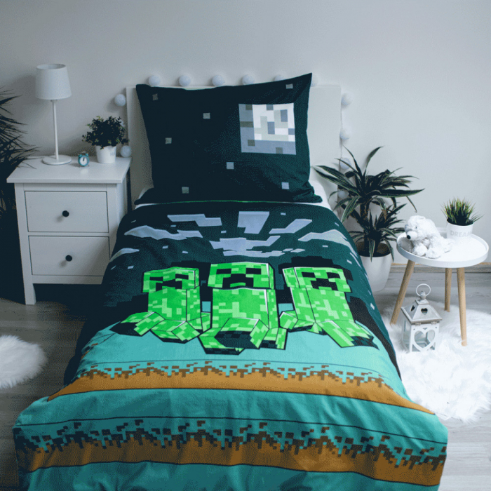 Lenjerie de pat 2 piese cu 2 fete, copii Minecraft Sssleep Tight 140x200 cm, 70x90 cm [1]