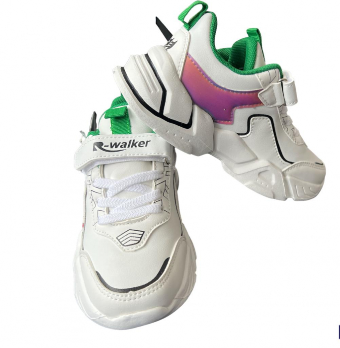 Pantofi sport pentru copii, material piele ecologica, alb/verde [4]