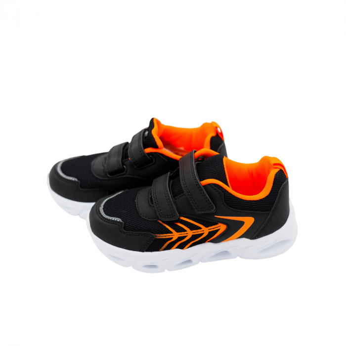 Pantofi sport pentru copii, material textil, negru/orange, talpa cu leduri [6]