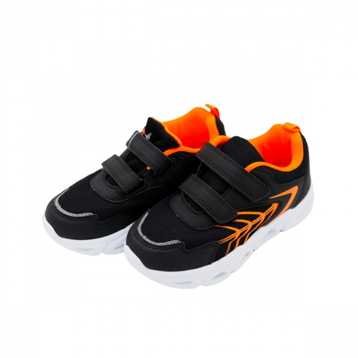 Pantofi sport pentru copii, material textil, negru/orange, talpa cu leduri [5]