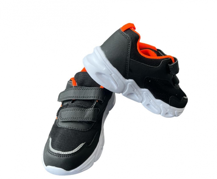 Pantofi sport pentru copii, material textil, negru/orange, talpa cu leduri [9]
