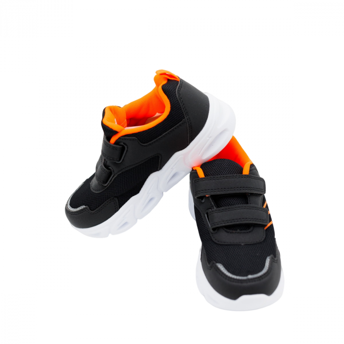 Pantofi sport pentru copii, material textil, negru/orange, talpa cu leduri [7]