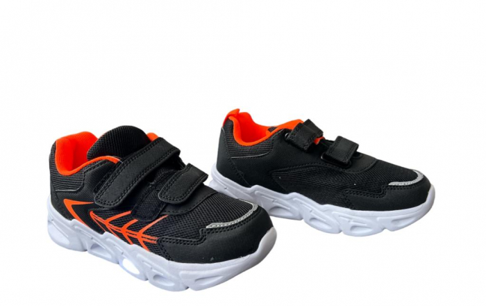 Pantofi sport pentru copii, material textil, negru/orange, talpa cu leduri [8]