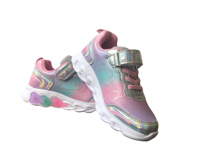 Pantofi sport pentru copii, material textil, roz, talpa cu leduri inimioare [5]