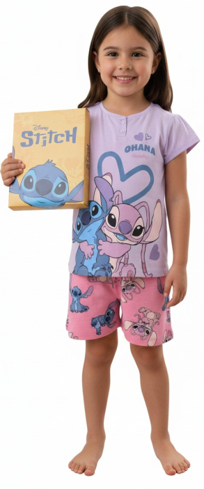 Pijama de vara, maneca scurta, bumbac in cutie cadou, Lilo & Stitch Ohana [3]