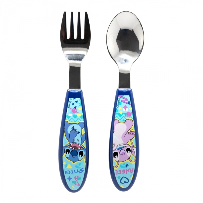 Set 2 tacamuri ergonomice, furculita si lingura pentru copii Stitch Angel 9.4 cm [1]