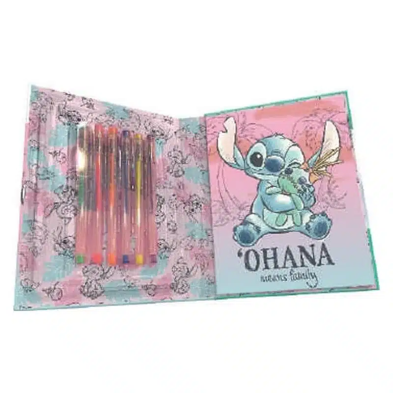Set 6 Pixuri cu gel, 4 pagini de colorat si bloc notes Lilo & Stitch Ohana [1]