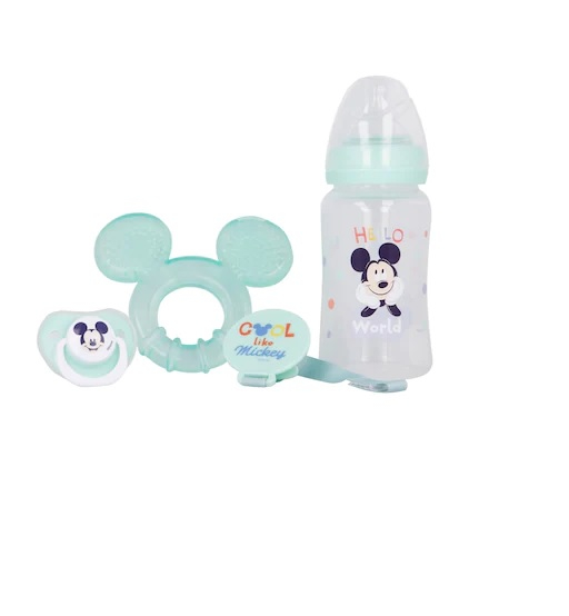 Set biberon cu tetin─â 240 ml, inel denti╚¢ie, suzet─â ortodontic─â ╚Öi suport pentru suzet─â, f─âr─â BPA, Mickey Mouse [1]