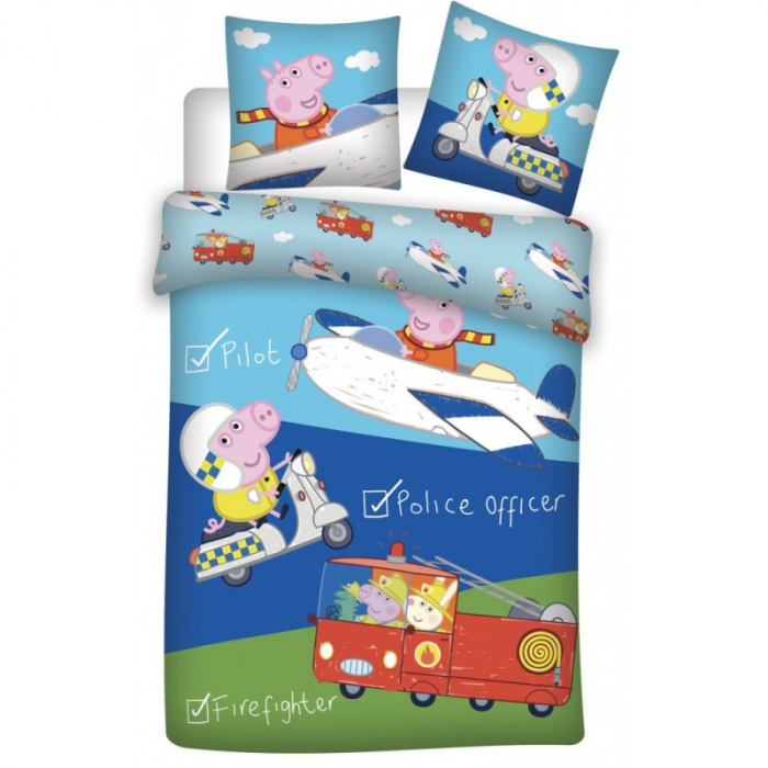 Set lenjerie de pat pentru copii, Peppa Pig Cars, Husa pilota 100x135 cm, Husa perna 40x60 cm, Bumbac 100% [1]