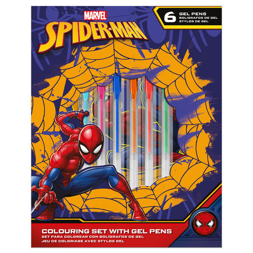 Set 6 Pixuri cu gel, 4 pagini de colorat si bloc notes Spiderman [1]