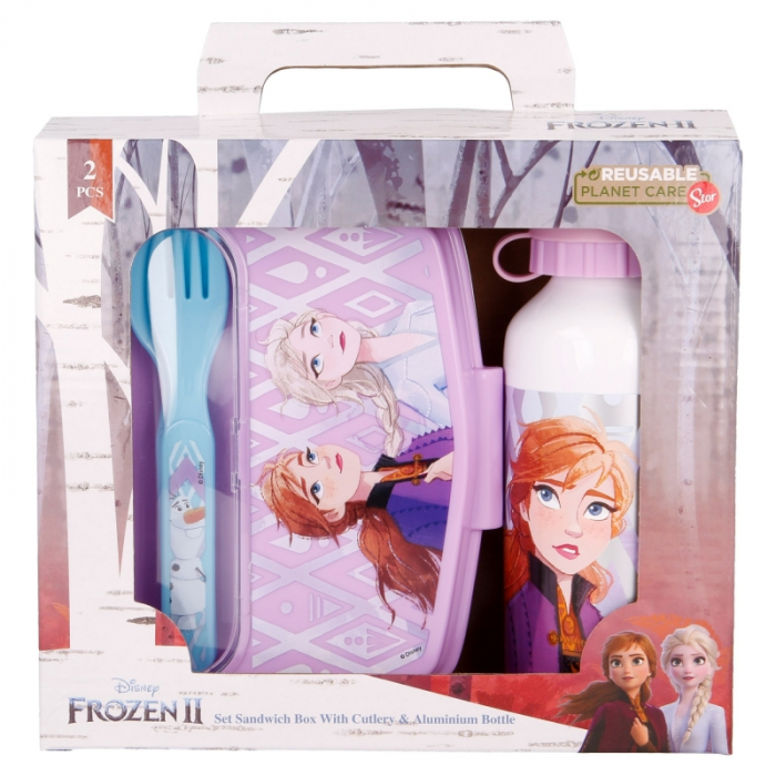 Set pranz 4 piese Frozen II cutie sandwich,sticla aluminiu si tacamuri [4]