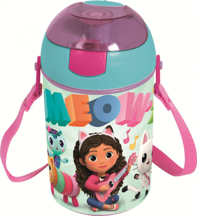 Sticla din plastic cu pai si curea, Gabby's Dollhouse Meow 450 ml [1]