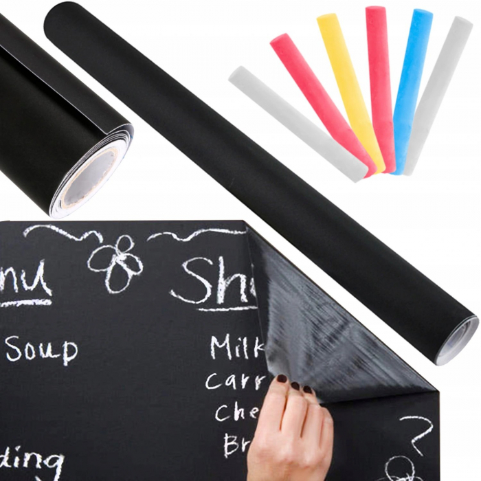 Tabla de scris tip autocolant pentru perete, 45x200 cm, pentru copii, negru + creta [2]