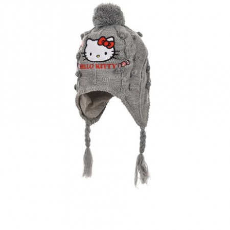 Sepci si caciuli copii - Caciula groasa crosetat Hello Kitty gri