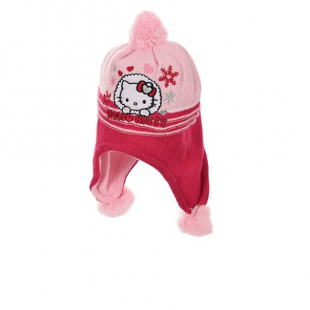 Sepci si caciuli copii - Caciula groasa cu urechi si ciucuri Hello Kitty
