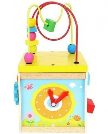 Joaca si timp liber - Cub sortator educativ 5 in 1 din lemn, 17╤à17╤à30 cm