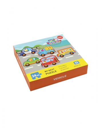 Puzzle-uri pentru copii - Cutie cu 6 puzzle-uri, 34 piese, Mijloace de transport