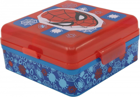 Articole hranire bebelusi - Cutie sandwich patrata cu 3 compartimente, Spiderman, 11.4x13.5x6 cm