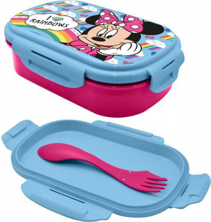 Articole hranire bebelusi - Cutie sandwich plastic cu tacamuri Minnie Mouse Rainbows, 22.5x14x6.5 cm