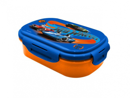 Articole hranire bebelusi - Cutie sandwich plastic cu tacamuri Hot Wheels, 22.5x14x6.5 cm