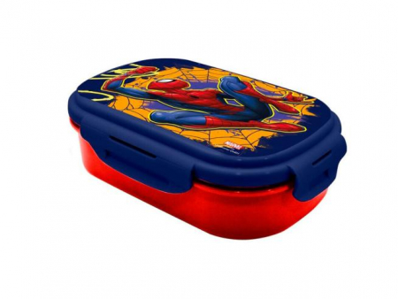 Articole hranire bebelusi - Cutie sandwich plastic cu tacamuri Spiderman, 22.5x14x6.5 cm