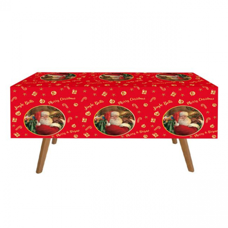 Vesela pentru petrecere - Fata de Masa Rosie din Plastic cu Model Mos Craciun 180x120cm