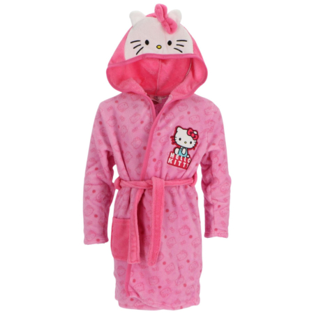 Prosoape si halate de baie copii - Halat baie cu gluga si urechi fleece coral Hello Kitty Pinky