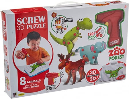 Jocuri si jucarii - Jucarie educativa puzzle creativ Animale DYI cu valiza si surubelnita 120 piese