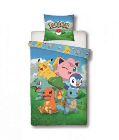 Lenjerii si huse patut - Lenjerie de pat microfibra copii Pok├⌐mon Chill Team, 2 piese 140x200 cm, 63x63 cm