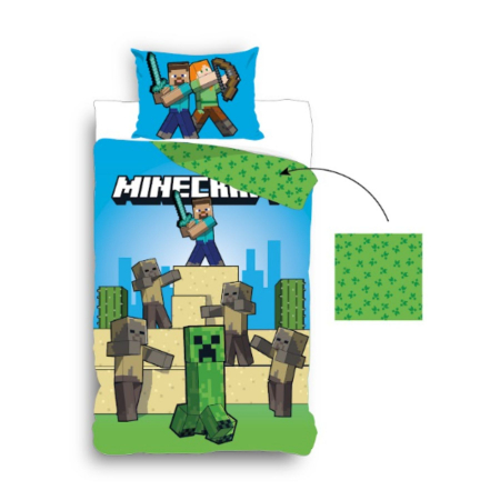 Home&Deco - Lenjerii de pat copii, Minecraft Creeper 2 piese 140x200 cm, 60x70 cm