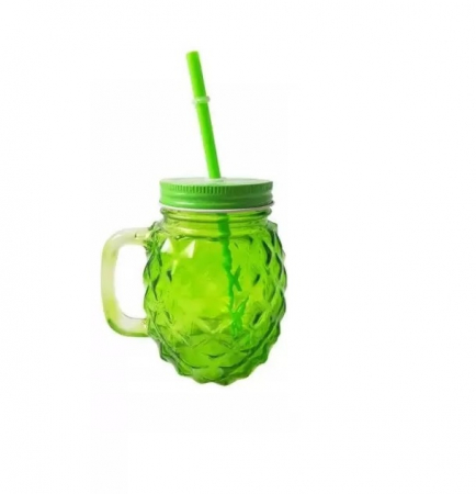 Accesorii hranire - Pahar sticla pentru limonada cu capac si pai, forma Ananas
